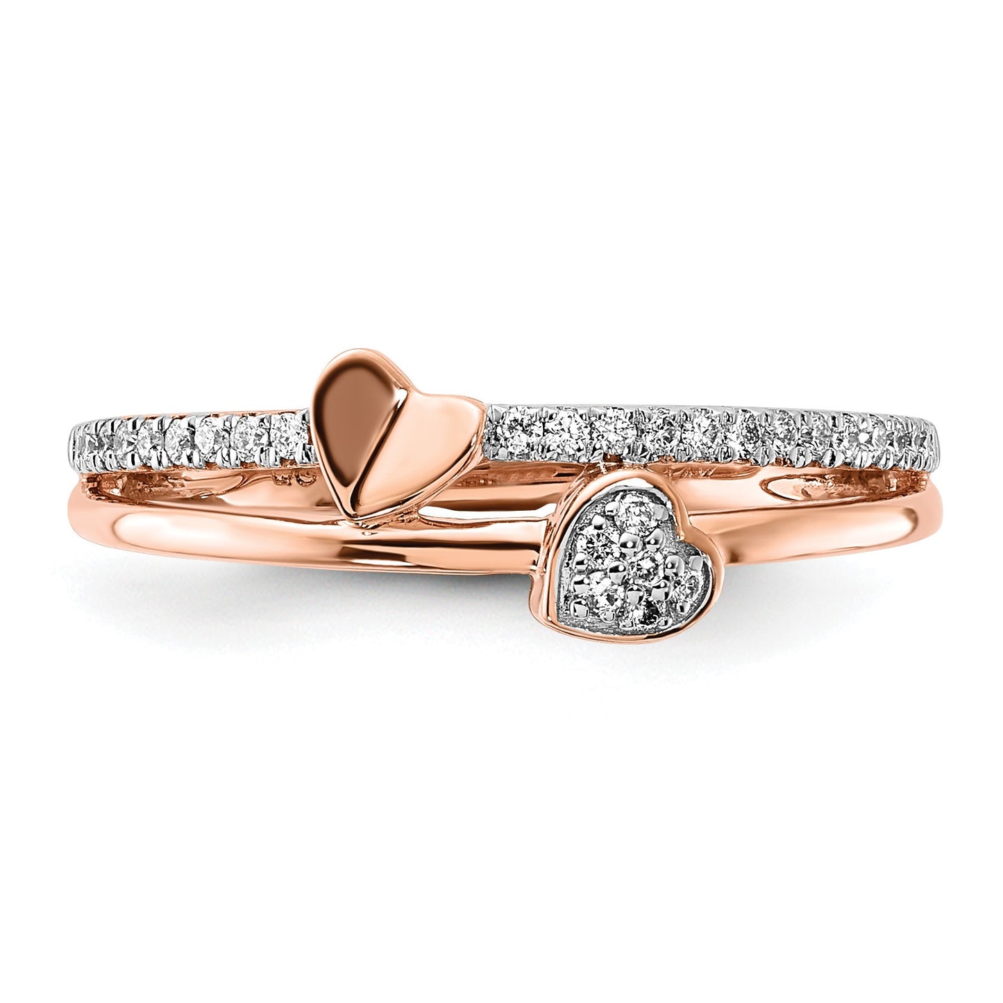 14k Rose Gold Polished 1/8 carat Diamond Two Hearts Ring