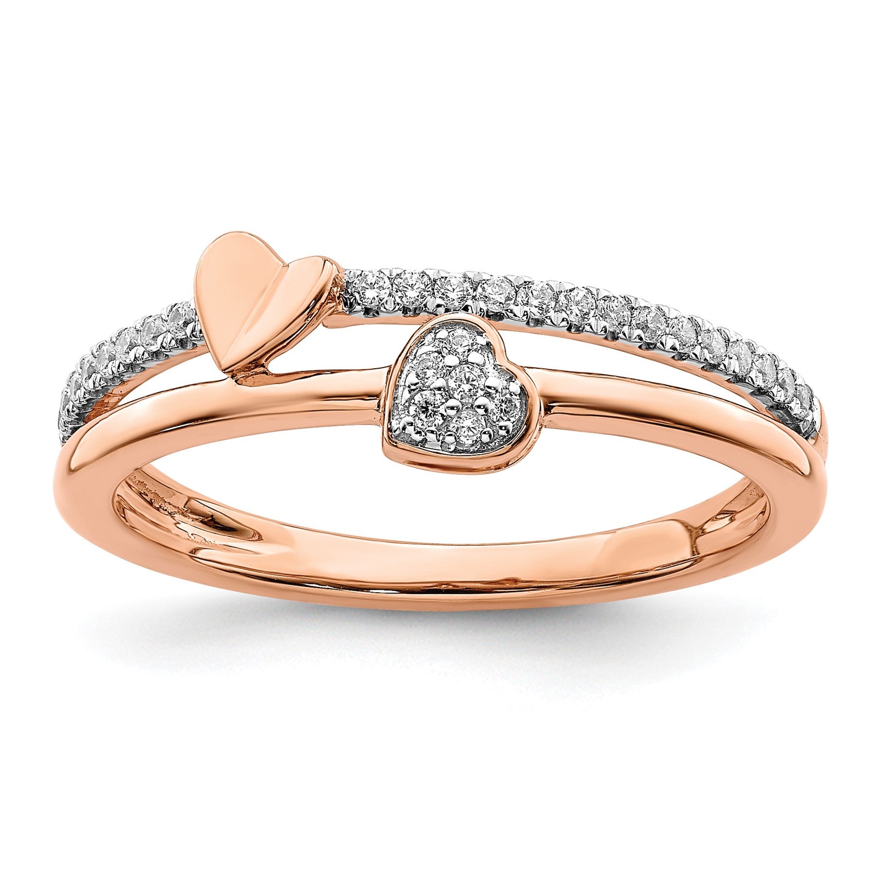 14k Rose Gold Polished 1/8 carat Diamond Two Hearts Ring