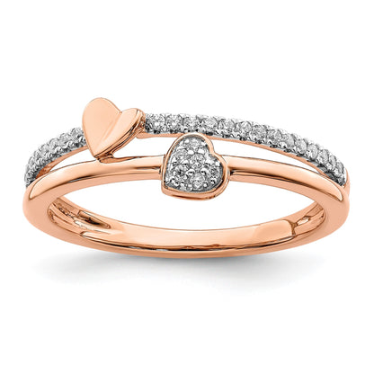 14k Rose Gold Polished 1/8 carat Diamond Two Hearts Ring