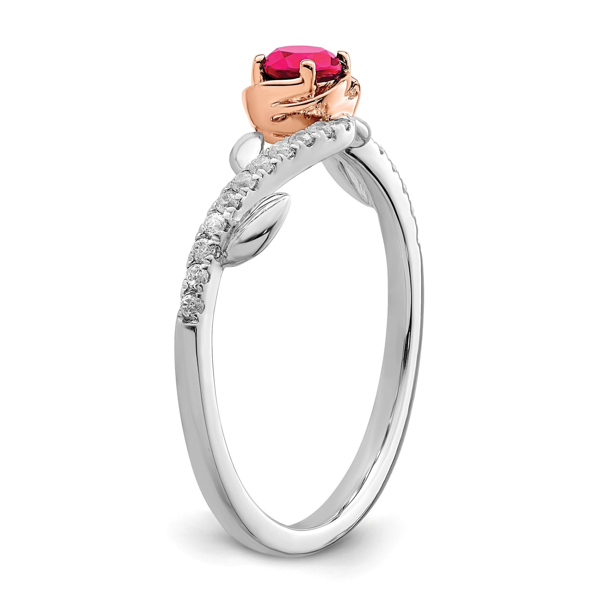 14k Two-tone Polished 3.5mm Round Ruby and 1/10 carat Diamond Floral Ring