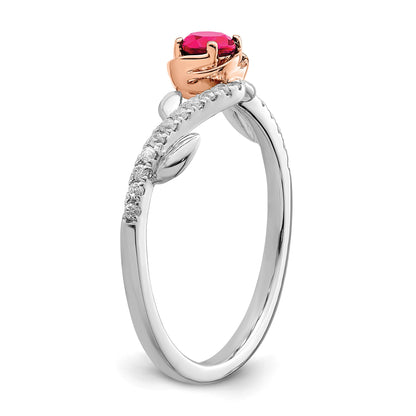 14k Two-tone Polished 3.5mm Round Ruby and 1/10 carat Diamond Floral Ring