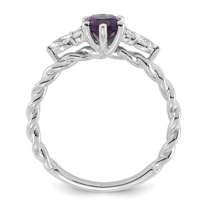 14K White Gold Diamond and 7x5 Oval February/Amethyst Size 7 Twisted Ring