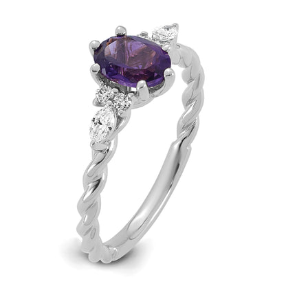 14K White Gold Diamond and 7x5 Oval February/Amethyst Size 7 Twisted Ring