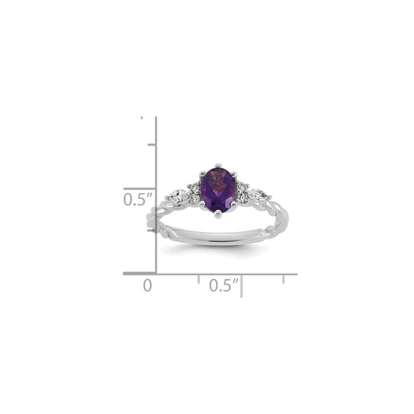 14K White Gold Diamond and 7x5 Oval February/Amethyst Size 7 Twisted Ring