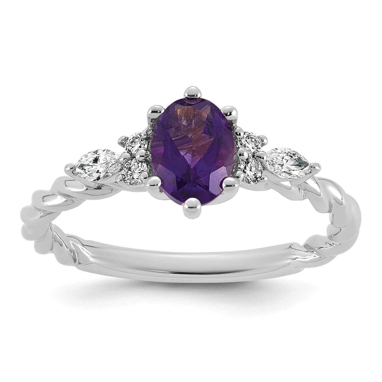 14K White Gold Diamond and 7x5 Oval February/Amethyst Size 7 Twisted Ring