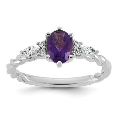 14K White Gold Diamond and 7x5 Oval February/Amethyst Size 7 Twisted Ring