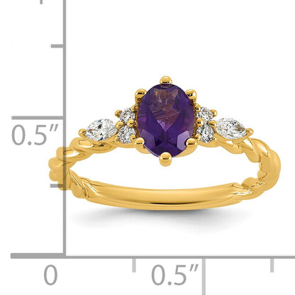 14K Diamond and 7x5 Oval February/Amethyst Size 7 Twisted Ring