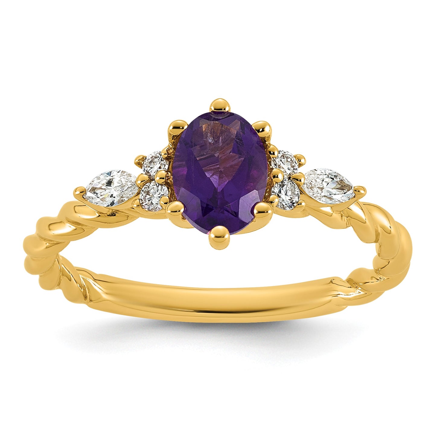 14K Diamond and 7x5 Oval February/Amethyst Size 7 Twisted Ring