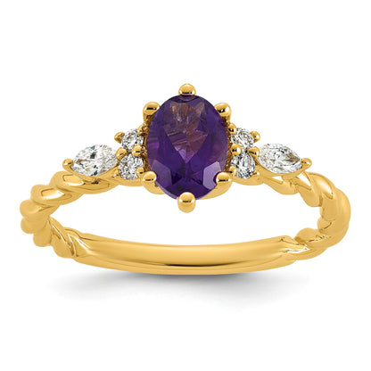 14K Diamond and 7x5 Oval February/Amethyst Size 7 Twisted Ring