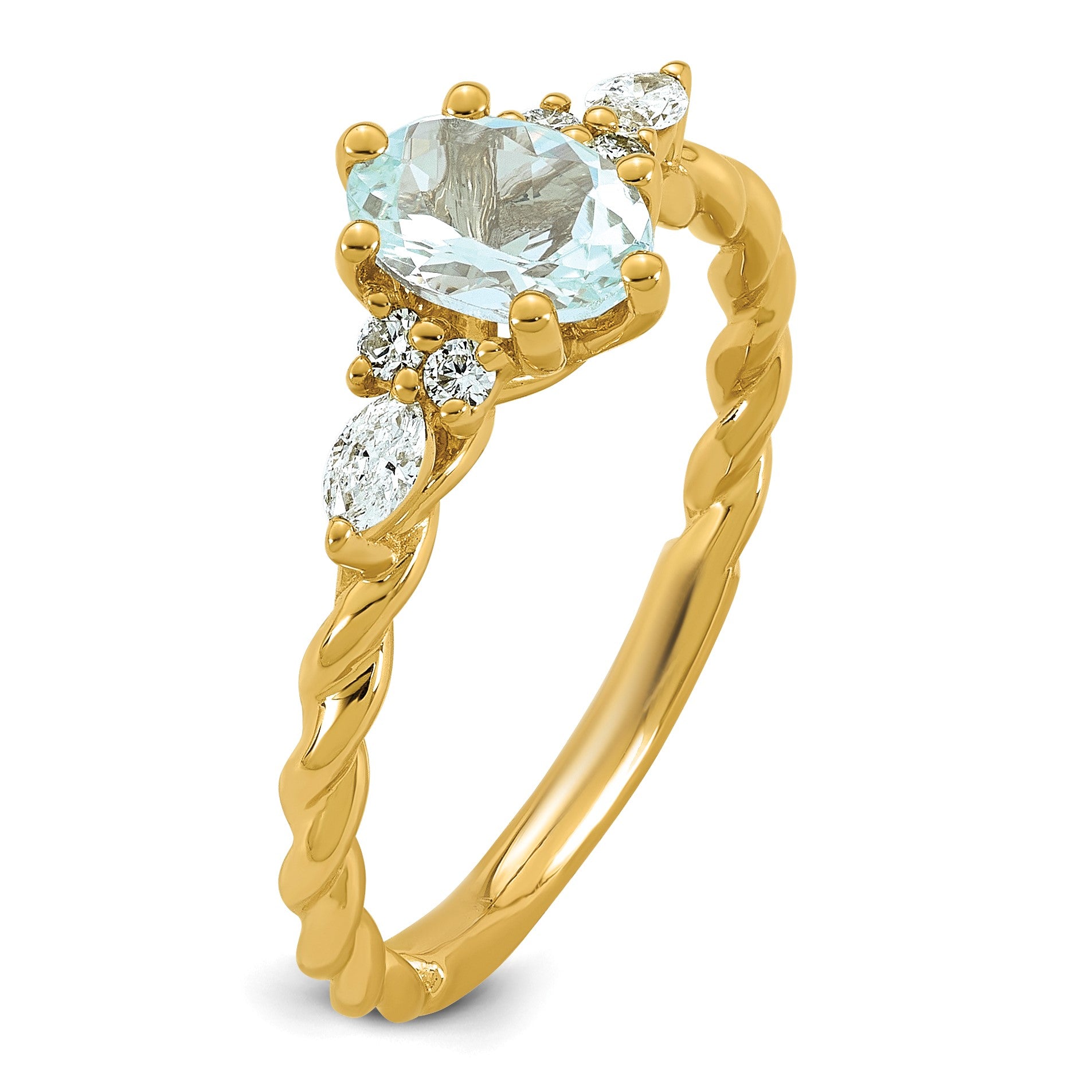 14k Polished Aquamarine & 1/6 carat Lab Grown Diamond VS/SI+ G+ March Birthstone Complete Twisted Ring