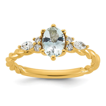 14k Polished Aquamarine & 1/6 carat Lab Grown Diamond VS/SI+ G+ March Birthstone Complete Twisted Ring