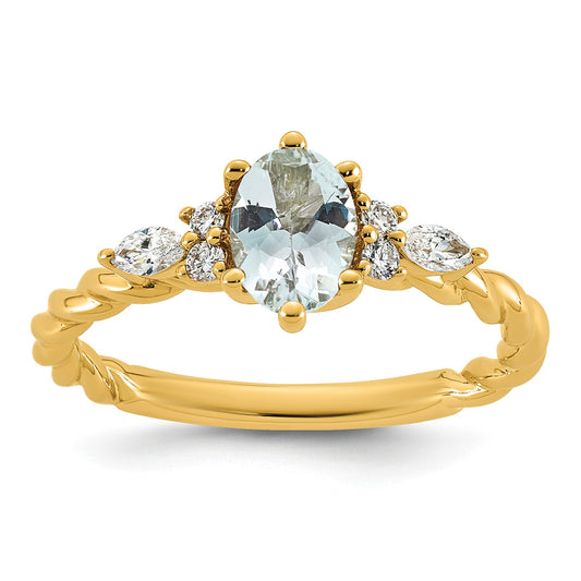14k Polished Aquamarine & 1/6 carat Lab Grown Diamond VS/SI+ G+ March Birthstone Complete Twisted Ring