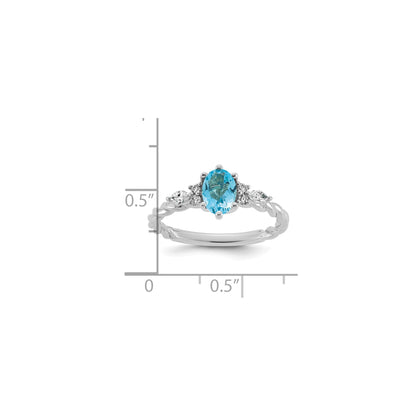 14K White Gold Diamond and 7x5 Oval December/Blue Topaz Size 7 Twisted Ring