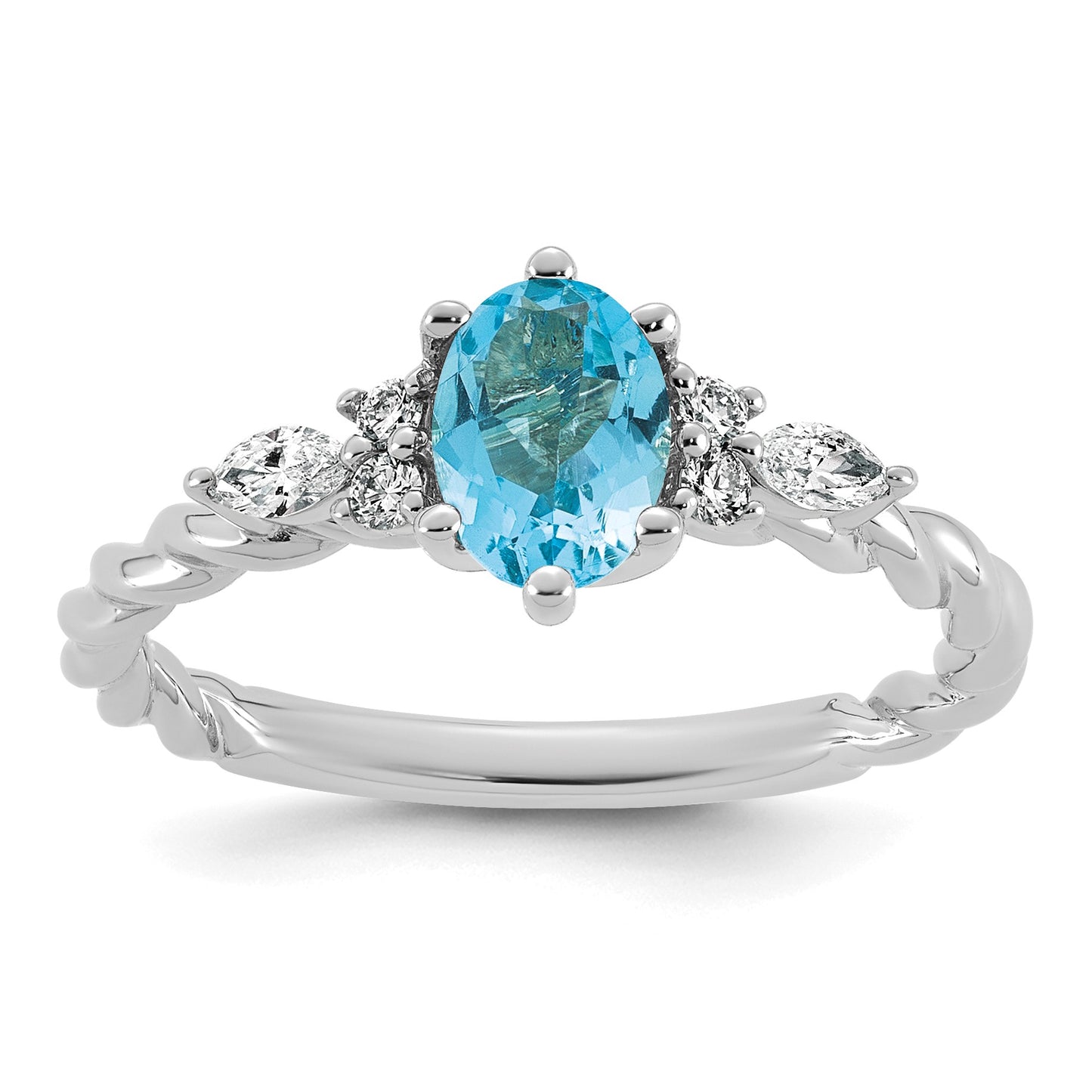 14K White Gold Diamond and 7x5 Oval December/Blue Topaz Size 7 Twisted Ring