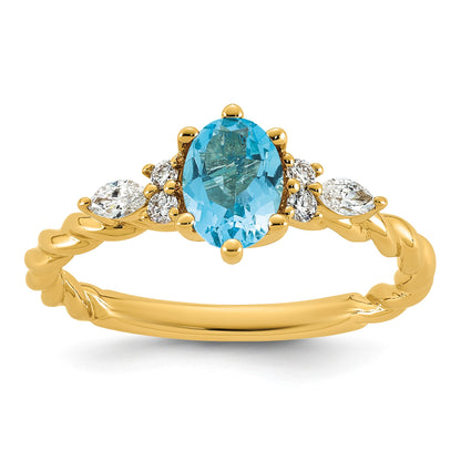14K Diamond and 7x5 Oval December/Blue Topaz Size 7 Twisted Ring