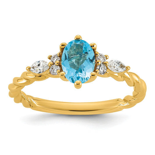 14K Diamond and 7x5 Oval December/Blue Topaz Size 7 Twisted Ring