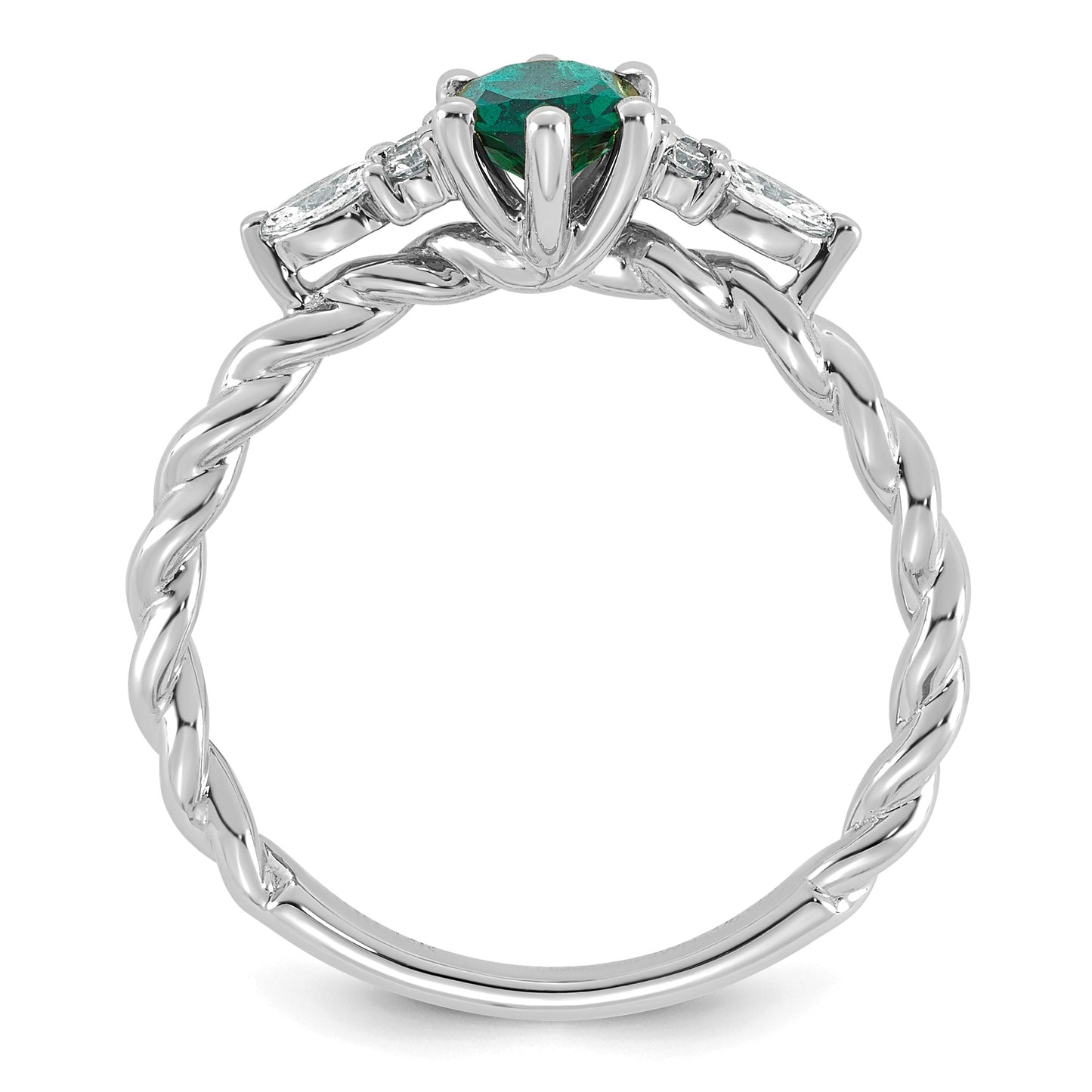 14K White Gold Diamond and 7x5 Oval May/Lab Created Emerald Size 7 Twisted Ring