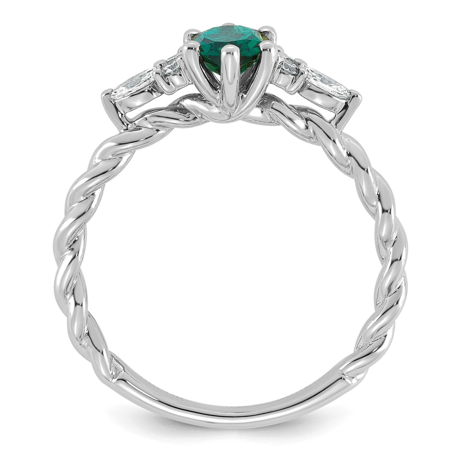 14K White Gold Diamond and 7x5 Oval May/Lab Created Emerald Size 7 Twisted Ring