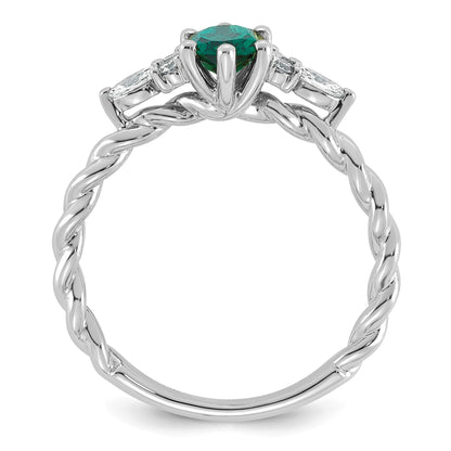 14K White Gold Diamond and 7x5 Oval May/Lab Created Emerald Size 7 Twisted Ring