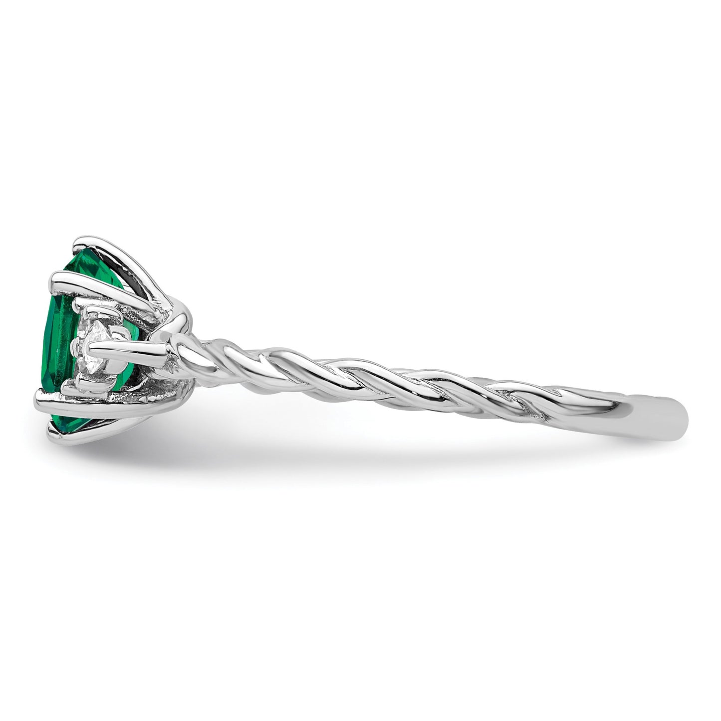 14K White Gold Diamond and 7x5 Oval May/Lab Created Emerald Size 7 Twisted Ring