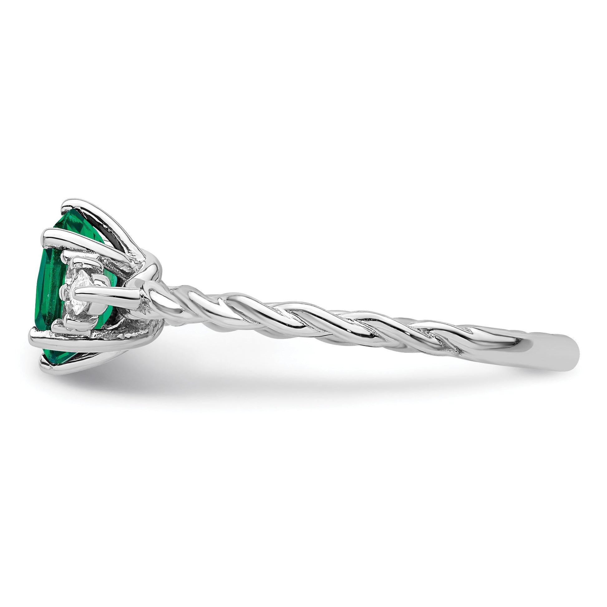 14K White Gold Diamond and 7x5 Oval May/Lab Created Emerald Size 7 Twisted Ring
