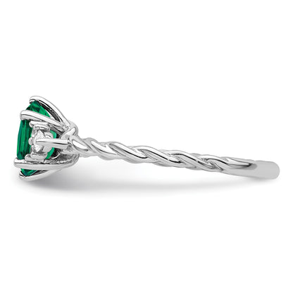 14K White Gold Diamond and 7x5 Oval May/Lab Created Emerald Size 7 Twisted Ring