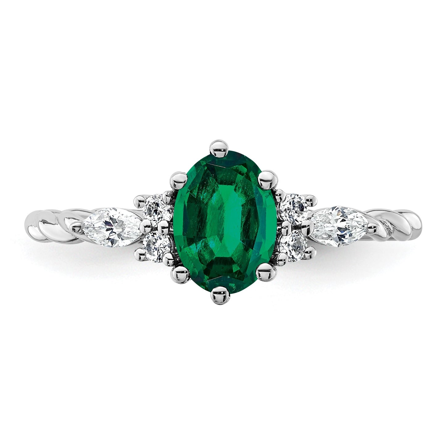 14K White Gold Diamond and 7x5 Oval May/Lab Created Emerald Size 7 Twisted Ring