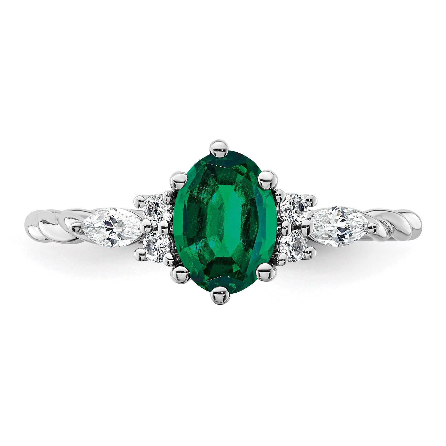 14K White Gold Diamond and 7x5 Oval May/Lab Created Emerald Size 7 Twisted Ring