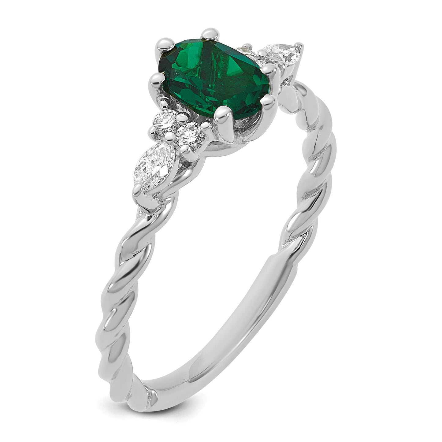 14K White Gold Diamond and 7x5 Oval May/Lab Created Emerald Size 7 Twisted Ring