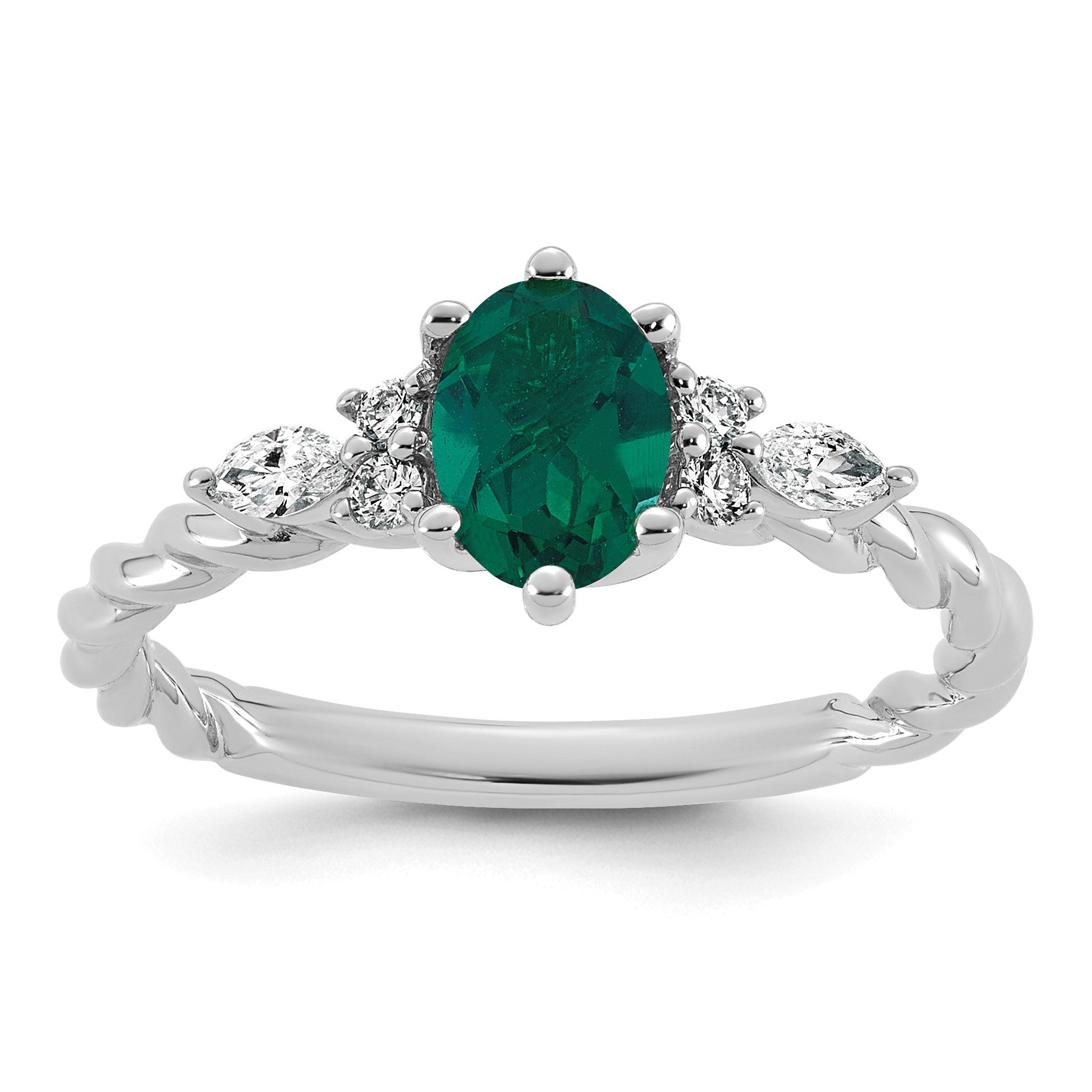 14K White Gold Diamond and 7x5 Oval May/Lab Created Emerald Size 7 Twisted Ring