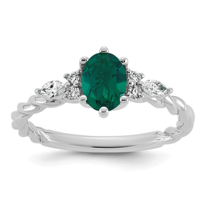14K White Gold Diamond and 7x5 Oval May/Lab Created Emerald Size 7 Twisted Ring