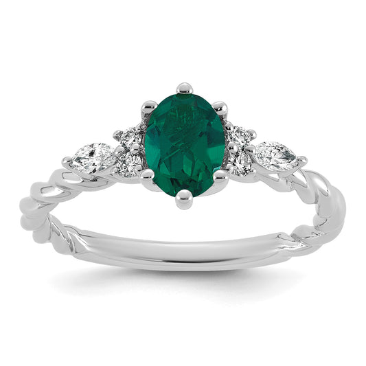 14K White Gold Diamond and 7x5 Oval May/Lab Created Emerald Size 7 Twisted Ring