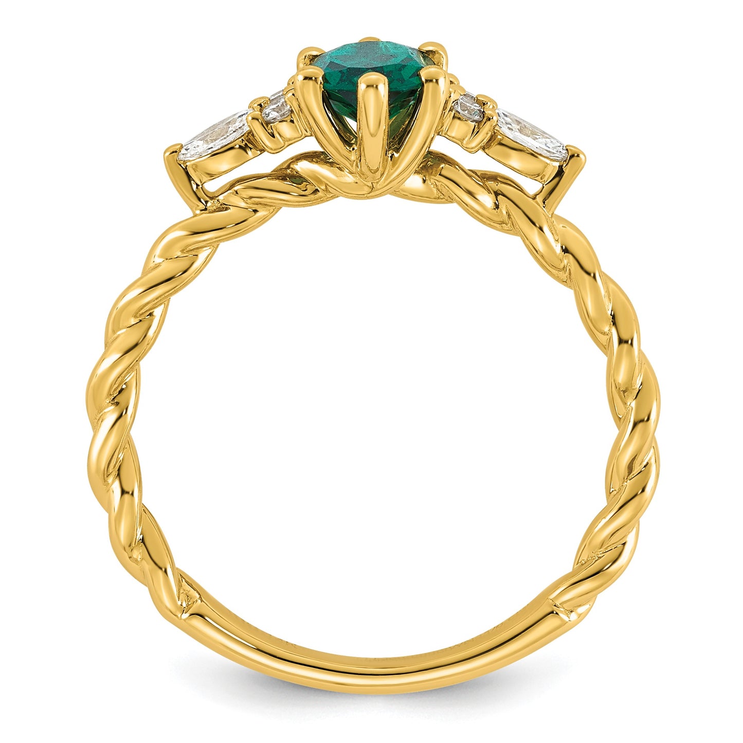14K Diamond and 7x5 Oval May/Lab Created Emerald Size 7 Twisted Ring