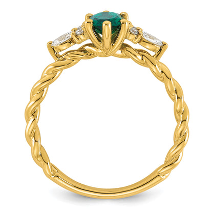 14K Diamond and 7x5 Oval May/Lab Created Emerald Size 7 Twisted Ring