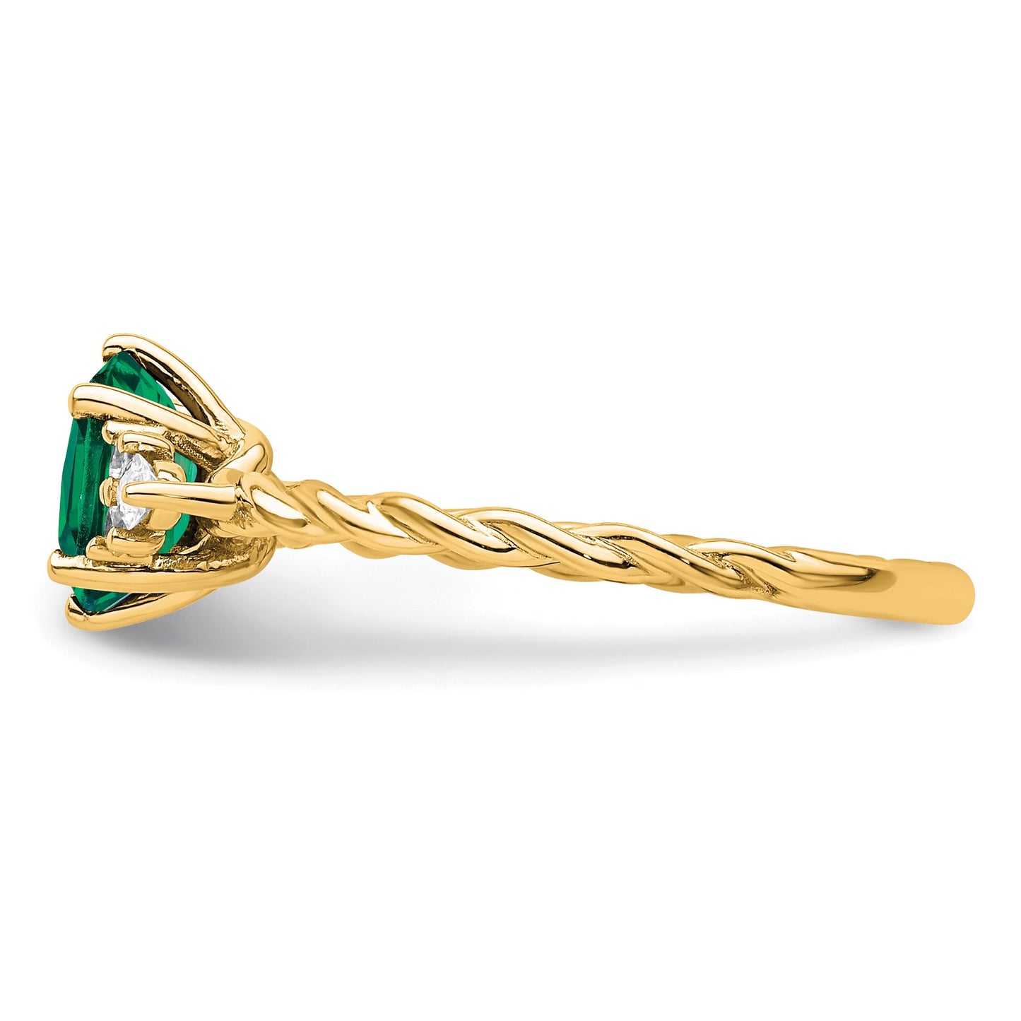 14K Diamond and 7x5 Oval May/Lab Created Emerald Size 7 Twisted Ring