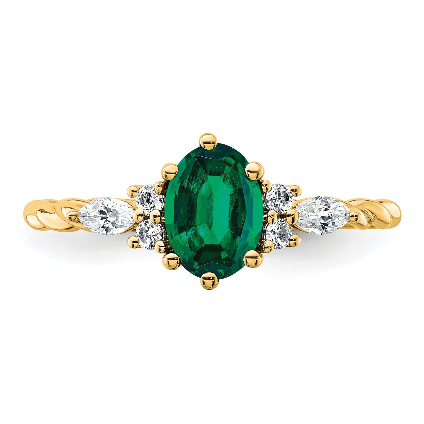 14K Diamond and 7x5 Oval May/Lab Created Emerald Size 7 Twisted Ring