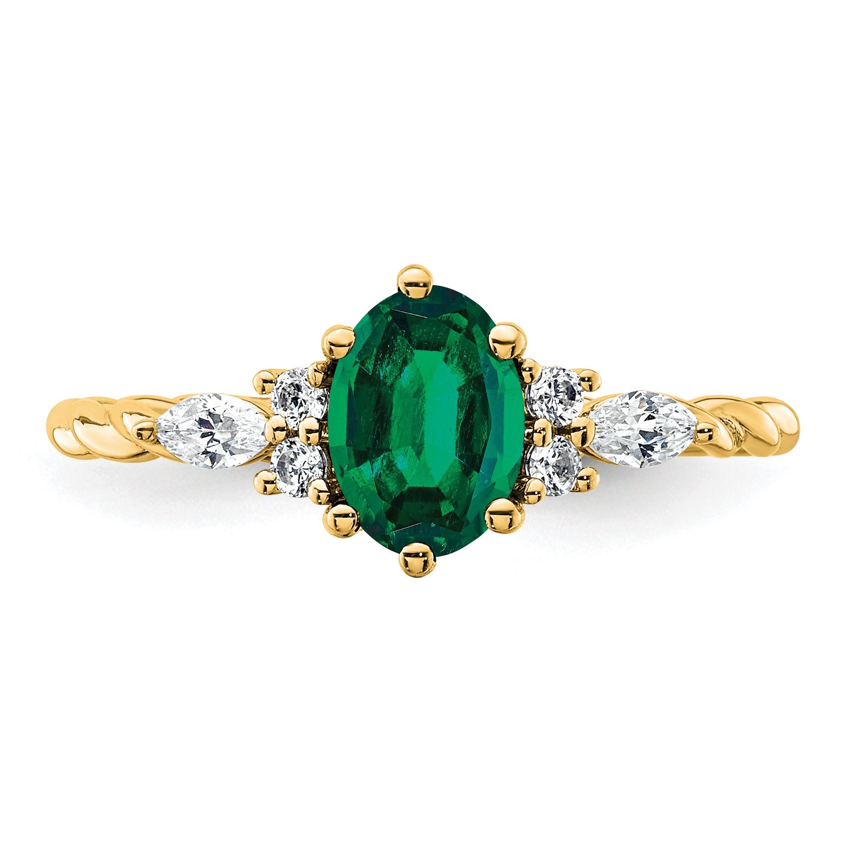 14K Diamond and 7x5 Oval May/Lab Created Emerald Size 7 Twisted Ring