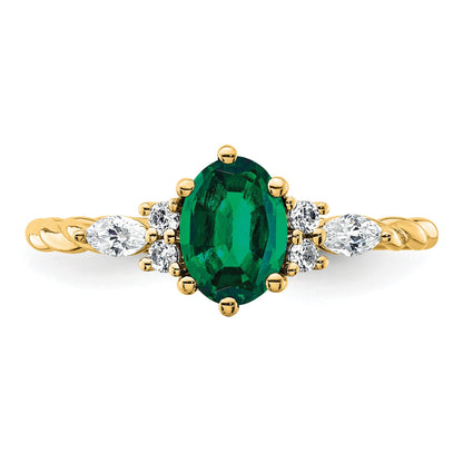 14K Diamond and 7x5 Oval May/Lab Created Emerald Size 7 Twisted Ring