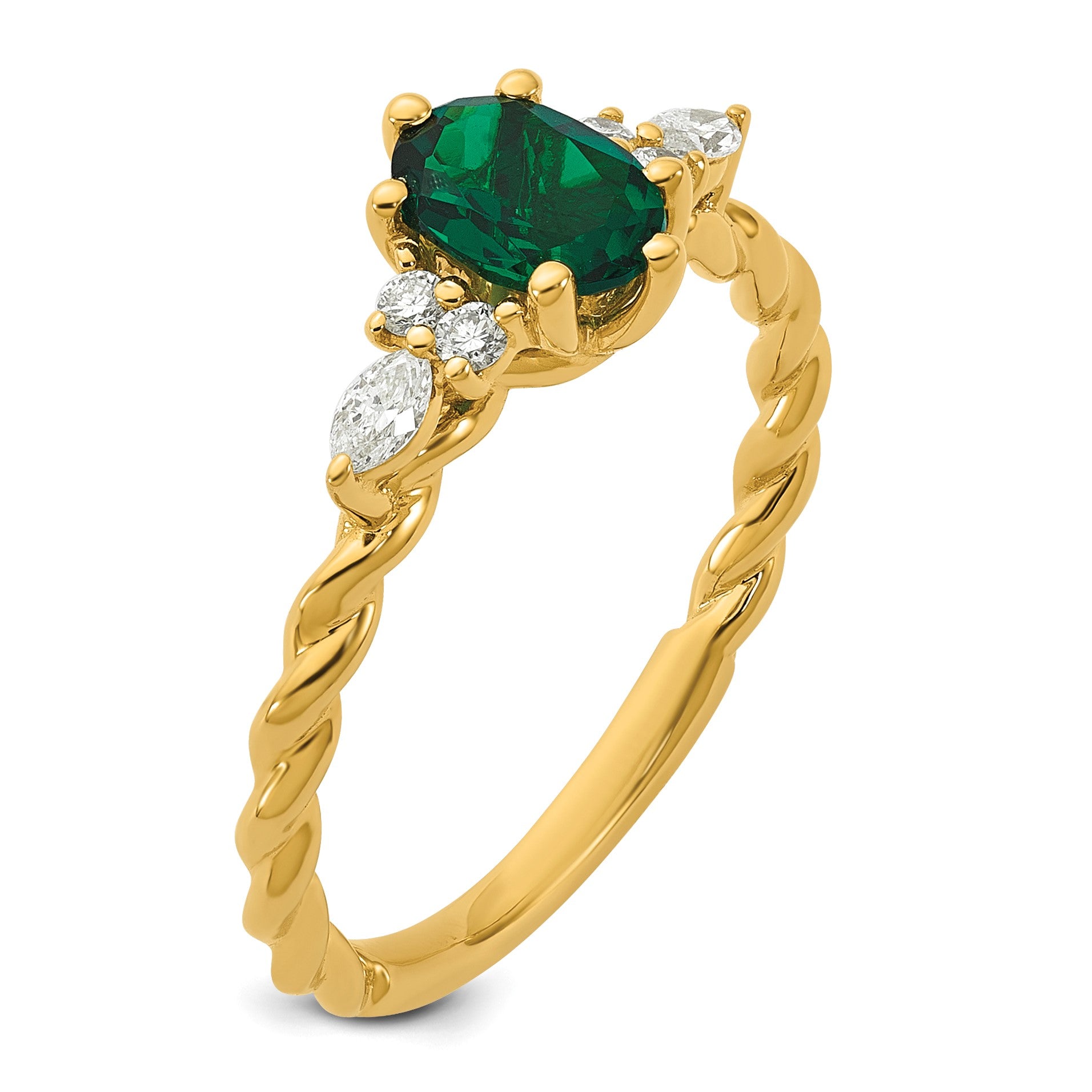 14K Diamond and 7x5 Oval May/Lab Created Emerald Size 7 Twisted Ring