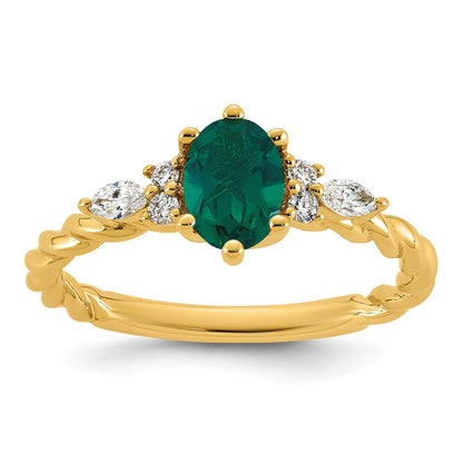 14K Diamond and 7x5 Oval May/Lab Created Emerald Size 7 Twisted Ring