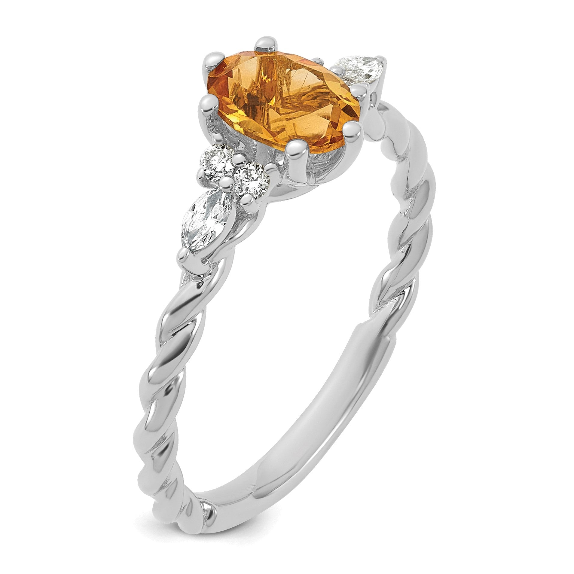 14K White Gold Diamond and 7x5 Oval November/Citrine Size 7 Twisted Ring
