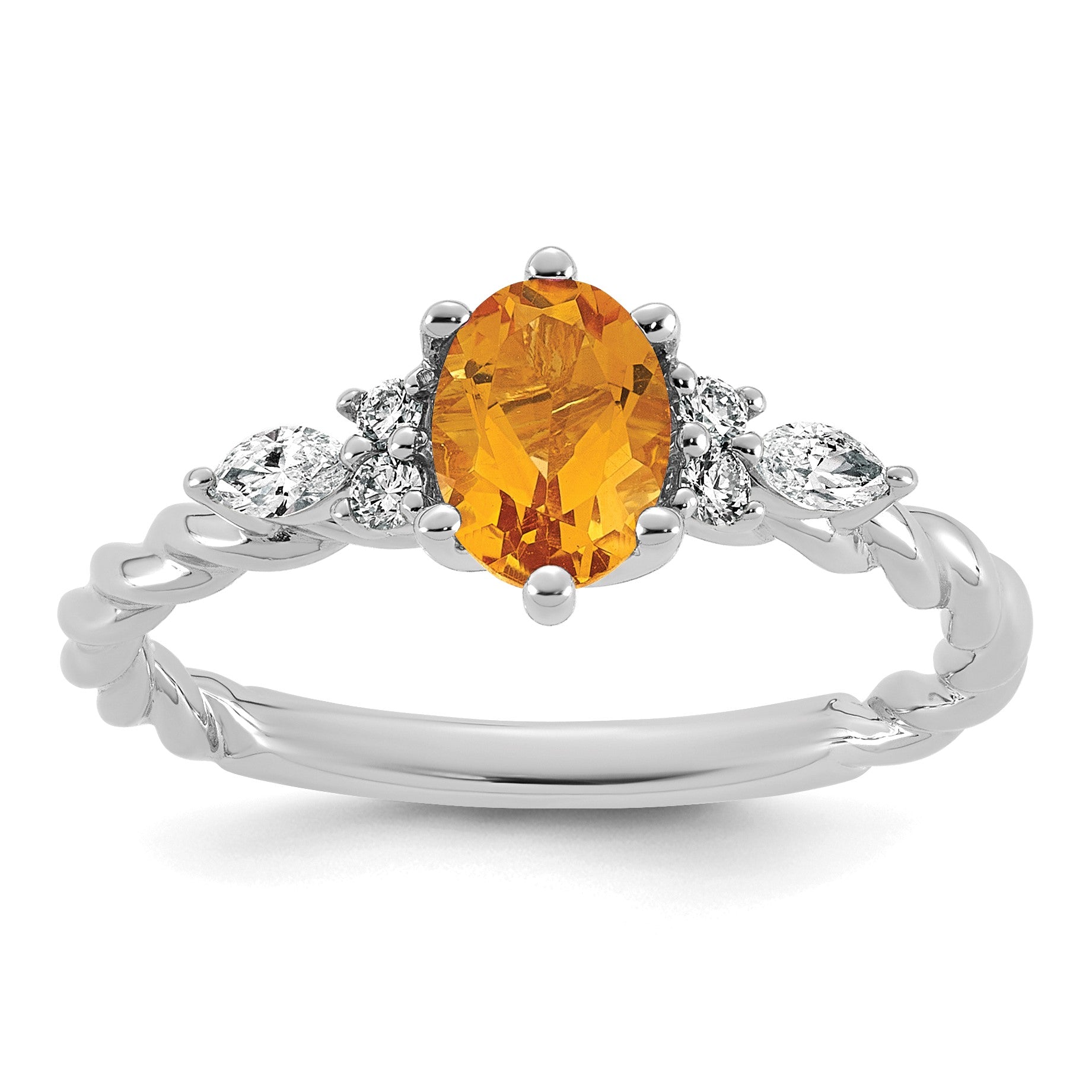 14K White Gold Diamond and 7x5 Oval November/Citrine Size 7 Twisted Ring
