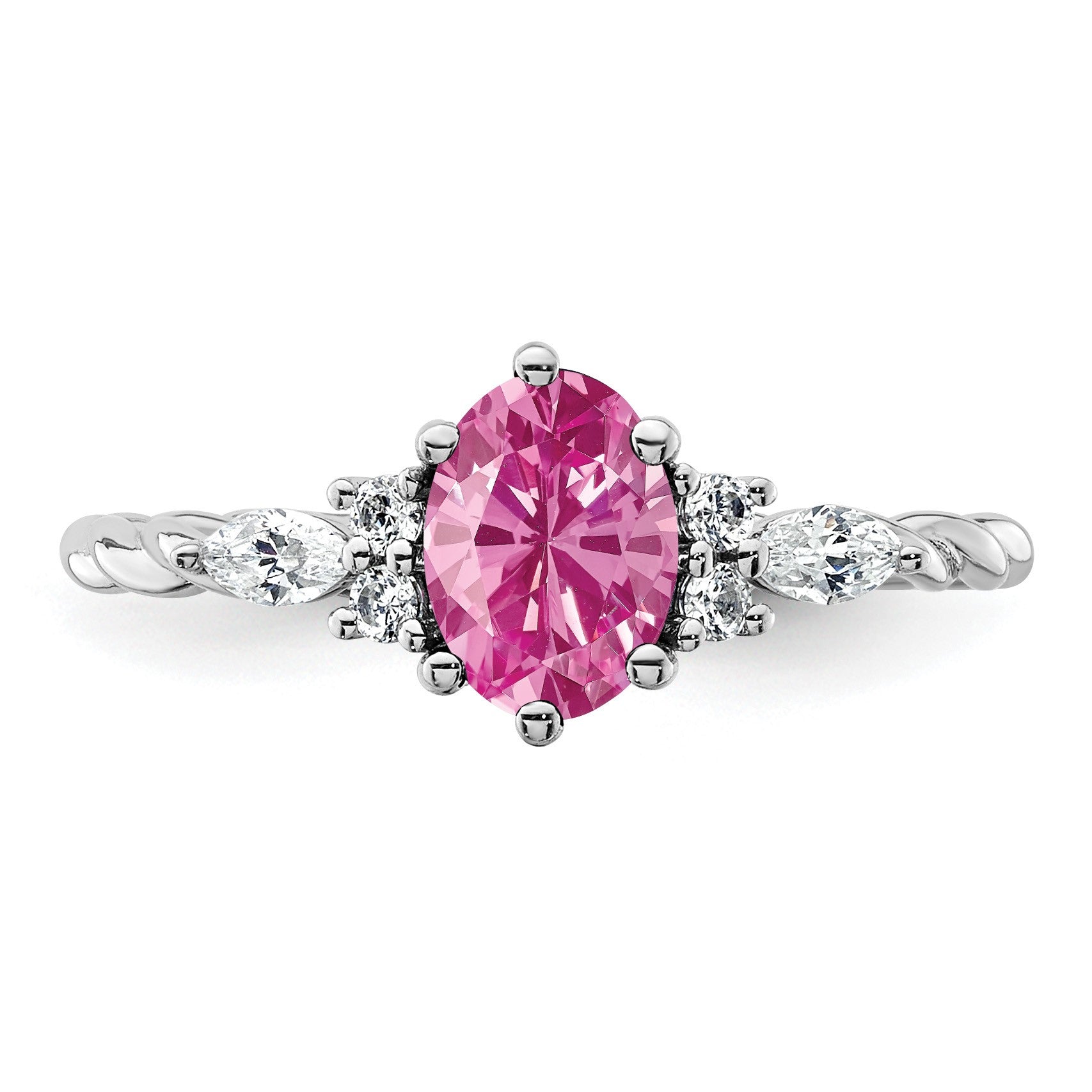 14K White Gold Diamond and 7x5 Oval October/Lab Created Pink Sapphire Size 7 Twisted Ring