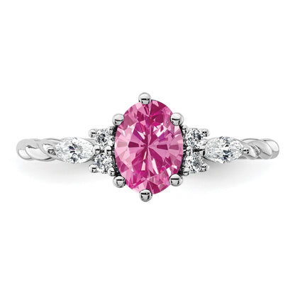 14K White Gold Diamond and 7x5 Oval October/Lab Created Pink Sapphire Size 7 Twisted Ring