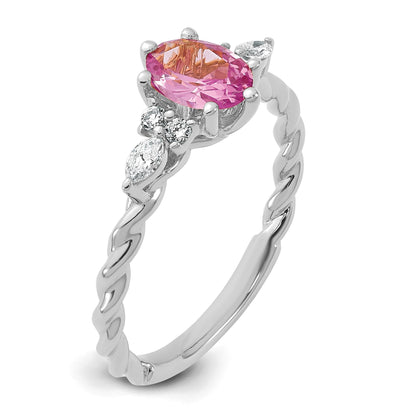 14K White Gold Diamond and 7x5 Oval October/Lab Created Pink Sapphire Size 7 Twisted Ring