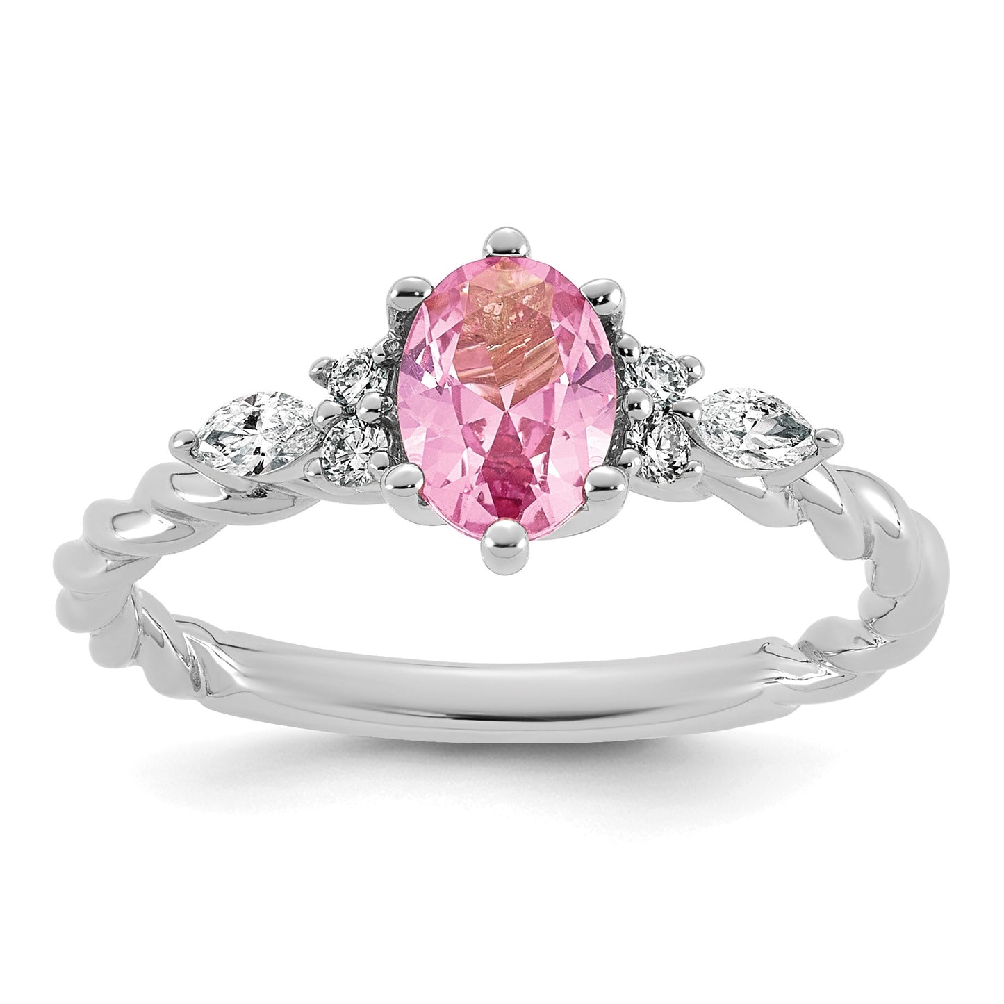 14K White Gold Diamond and 7x5 Oval October/Lab Created Pink Sapphire Size 7 Twisted Ring