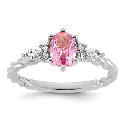 14K White Gold Diamond and 7x5 Oval October/Lab Created Pink Sapphire Size 7 Twisted Ring