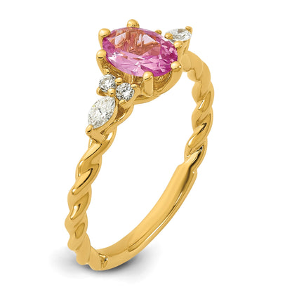 14K Diamond and 7x5 Oval October/Lab Created Pink Sapphire Size 7 Twisted Ring