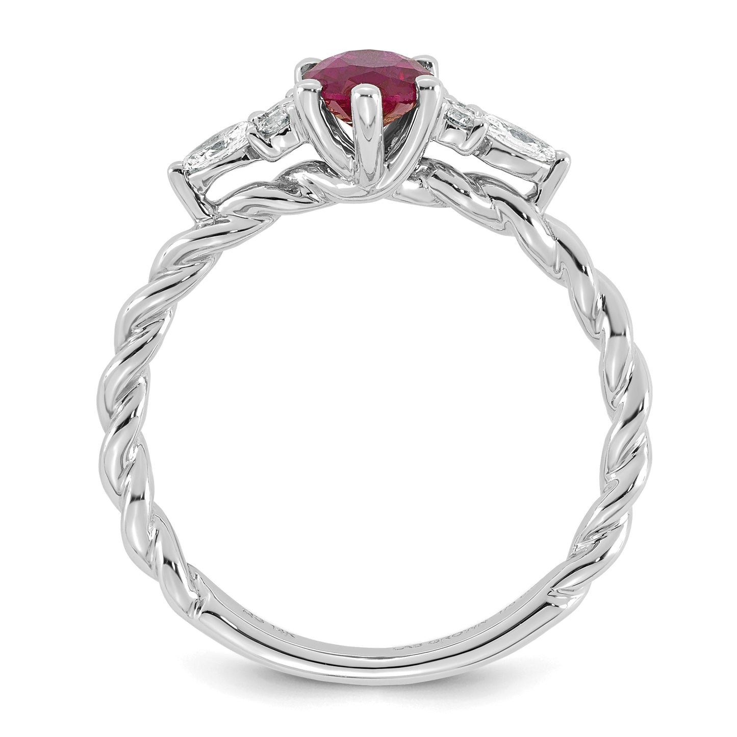 14k White Gold Polished Lab Created Ruby & 1/6 carat Lab Grown Diamond VS/SI+ G+ July Birthstone Complete Twisted Ring