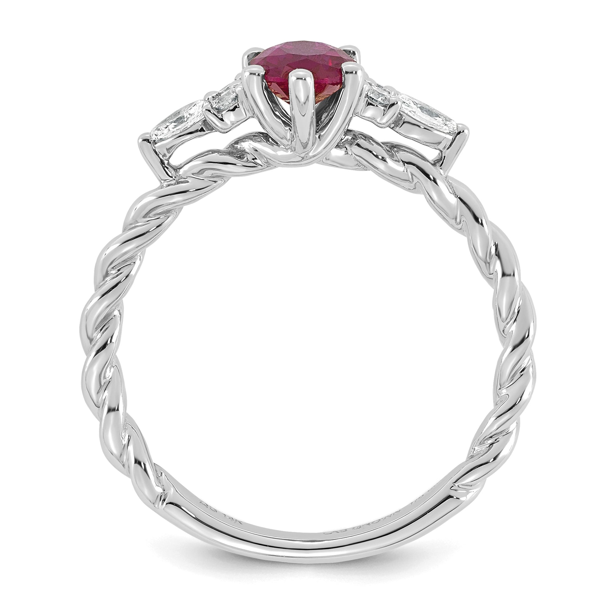 14k White Gold Polished Lab Created Ruby & 1/6 carat Lab Grown Diamond VS/SI+ G+ July Birthstone Complete Twisted Ring